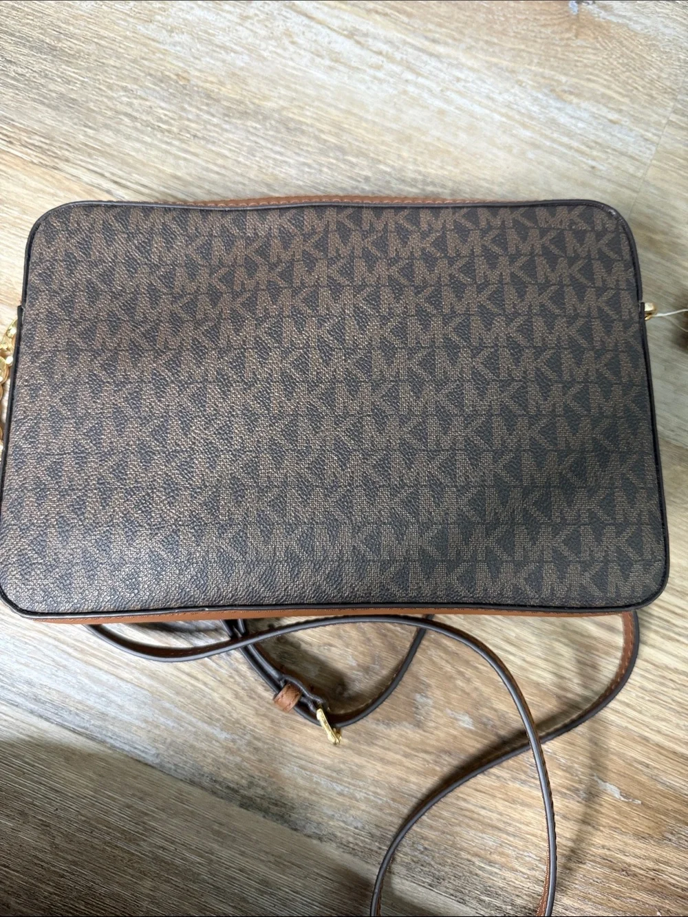 Michael Kors Brown MK Signature Messenger Crossbody with Gold Hardware